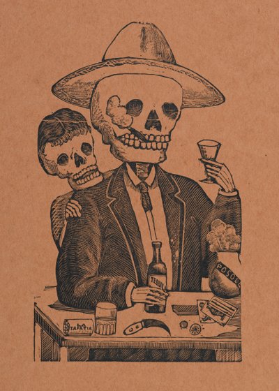 Figura scheletrica in un bar, da 330 Grabados Originales, stampato da Antonio Vanegas Arroyo (1850-1917), Città del Messico, Messico da Manuel Manilla